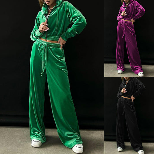 Women's Hoodie Gold Velvet Sports Casual Pants Suit