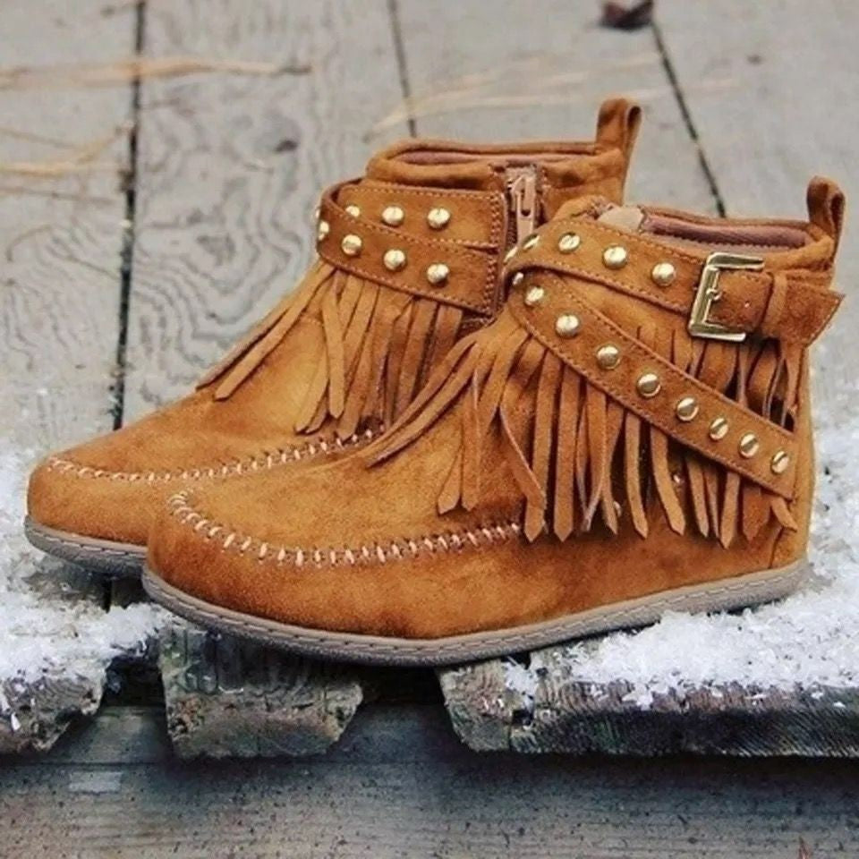 Retro Ankle Boots With Rivet Tassel Flat Shoes Women Winter Boots