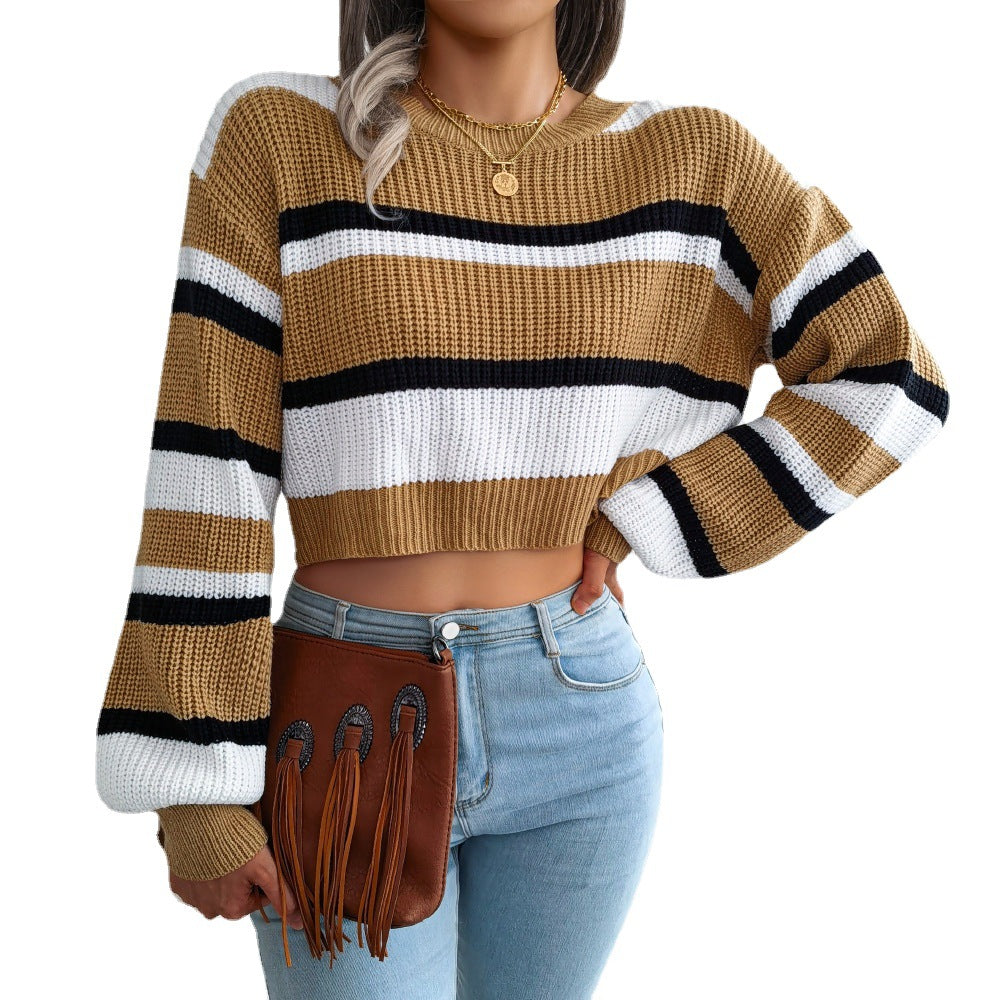 Ins Style Autumn And Winter Casual Striped Long-Sleeved Open-Neck Knit Sweater