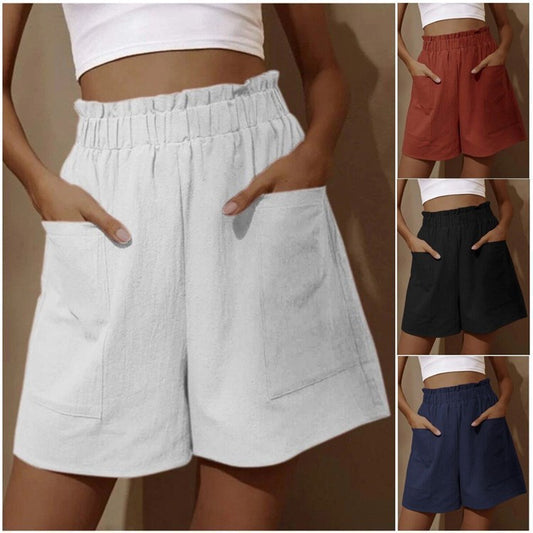 Lässige Shorts mit weitem Bein und Taschen, hohe Taille, elastische Hose für Damen