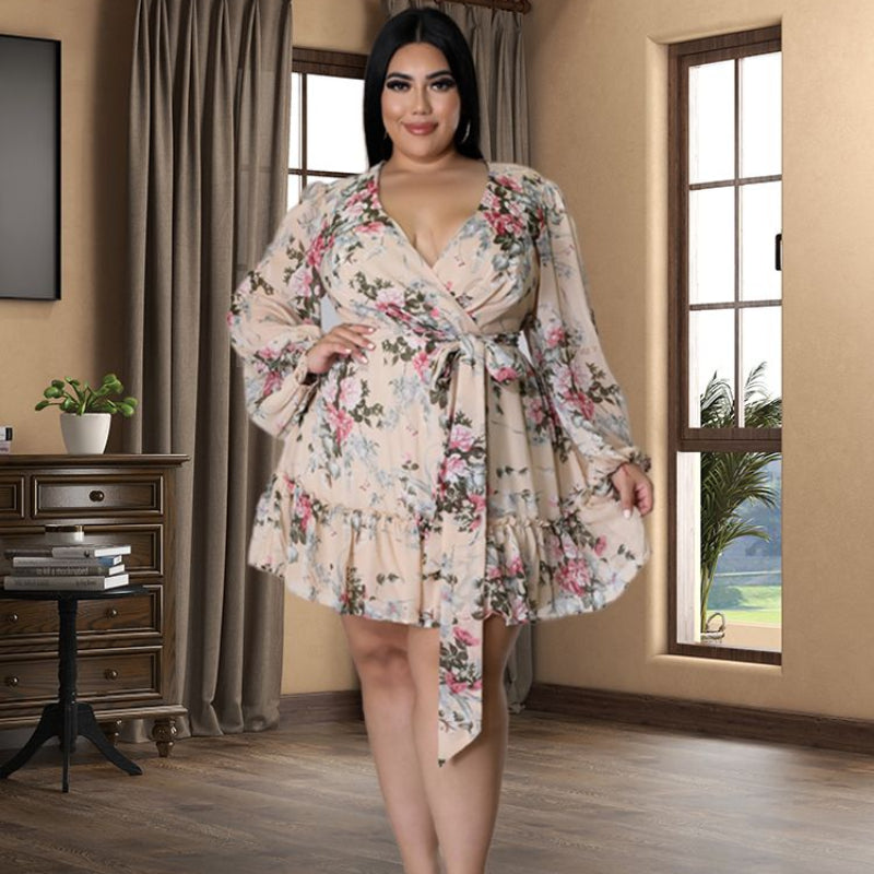 Plus Size Women Flower Print ChiffonV Neck Out Long Sleeve Dress