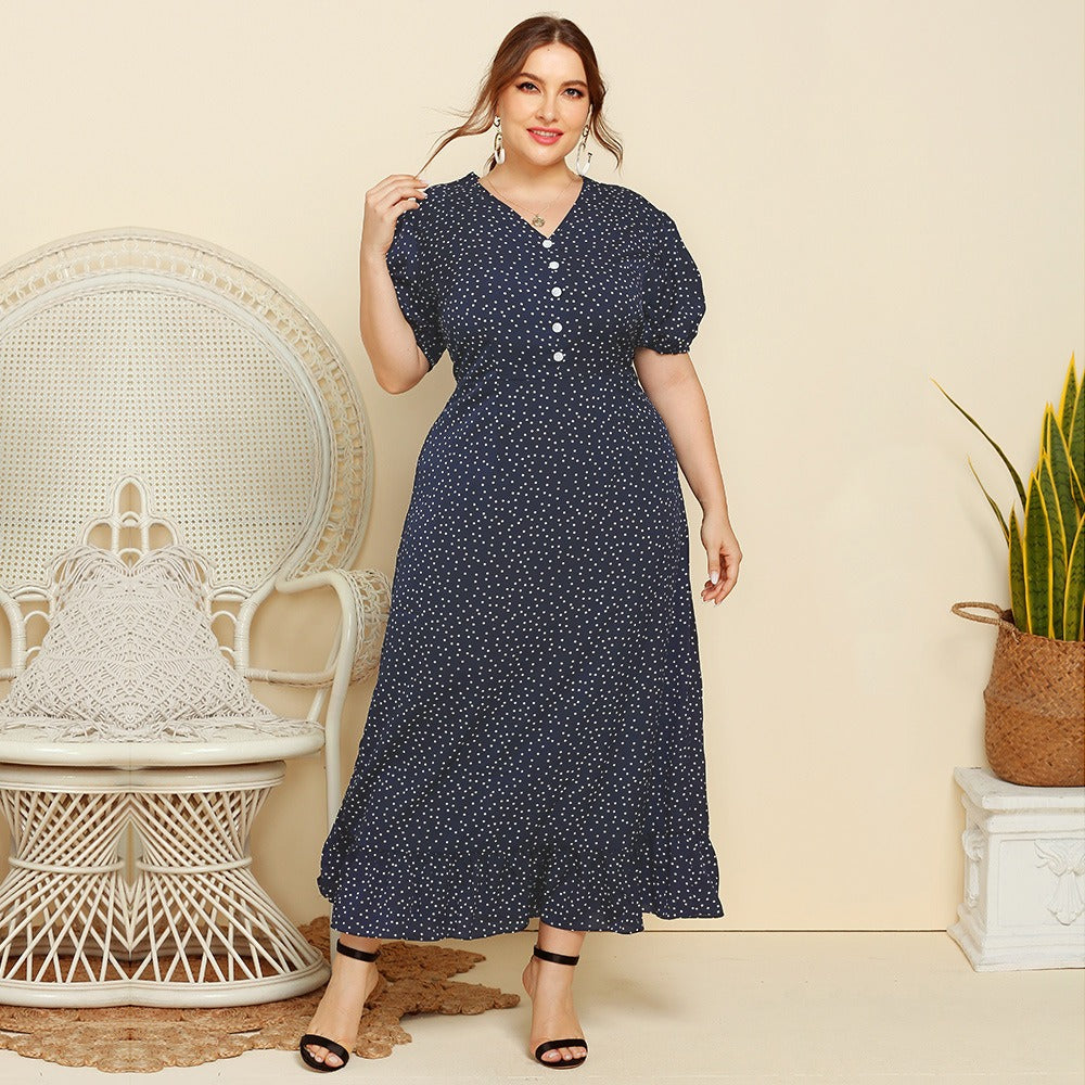 Plus Size Women Summer Polka Dot Fashion Short Sleeved Plus Fat Long Fashion Dress JR052