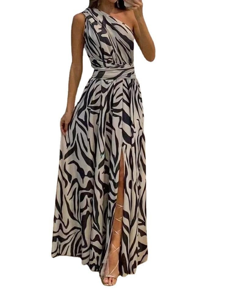 Summer New Women's Sexy Leaky Back One Shoulder Sleeveless Print Long Dress