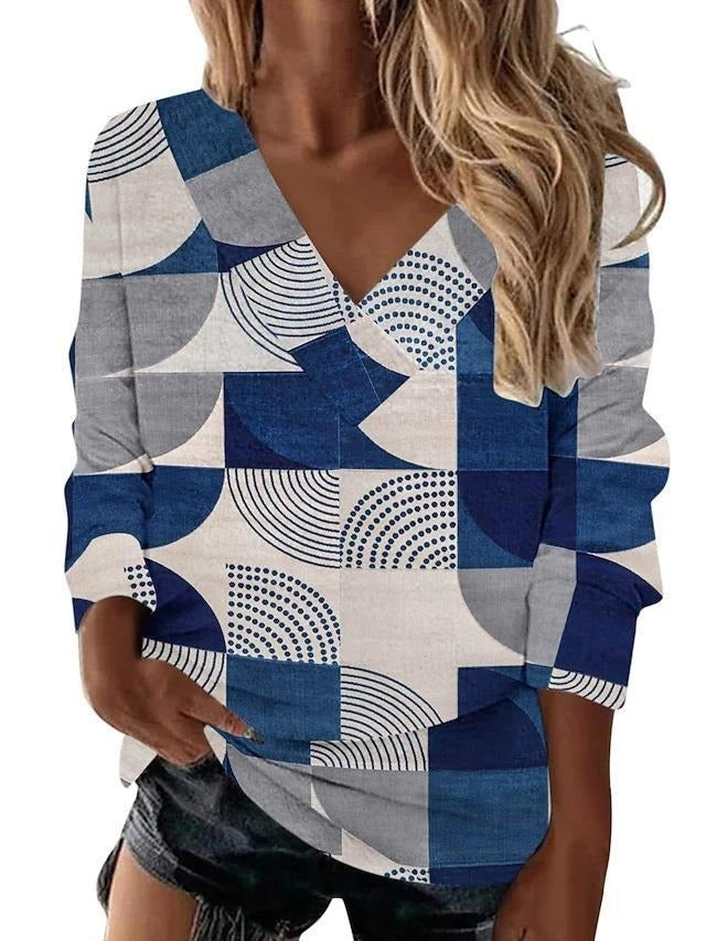 Women's Retro Geometric Printing Ethnic Style V Neck Long Sleeved Loose T Shirt Top For Women