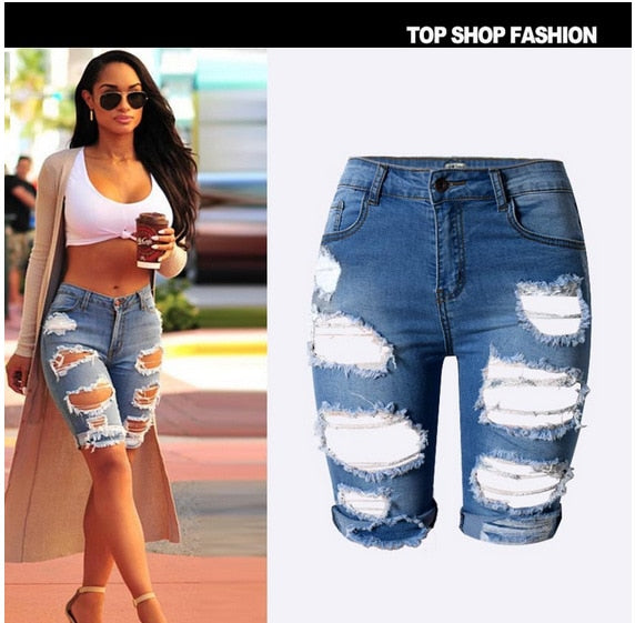 Damen High Waist Sexy Jeans Shorts Fashion Ripped Hole Washed Stretch Denim Shorts Jeans