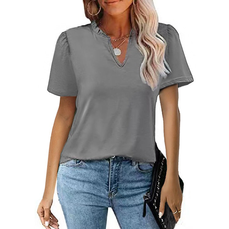 New Women's Wooden Ear Edge V-Neck Pleated Casual Short Sleeve T-Shirt