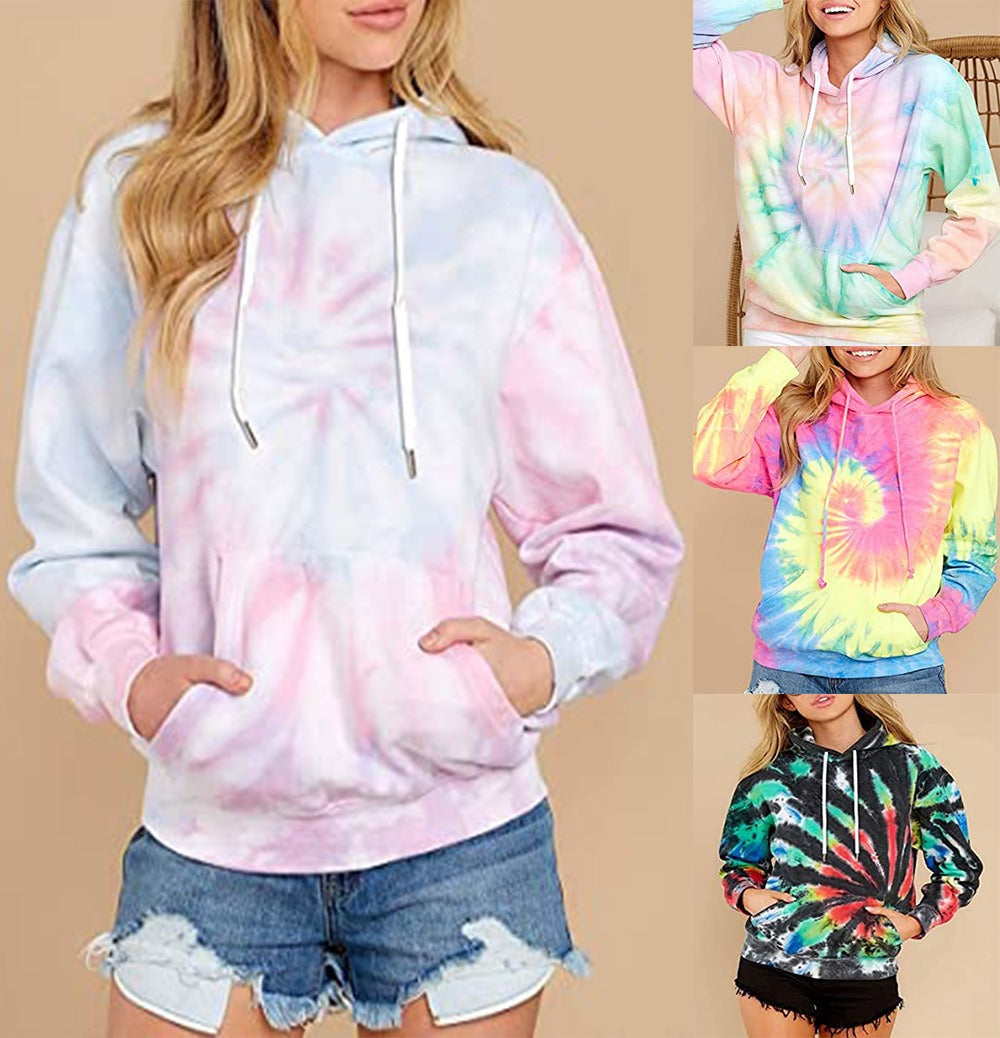 Spring, Autumn and Winter New Women's Top Tie Dyed Hooded Long Sleeve Pocket Guards