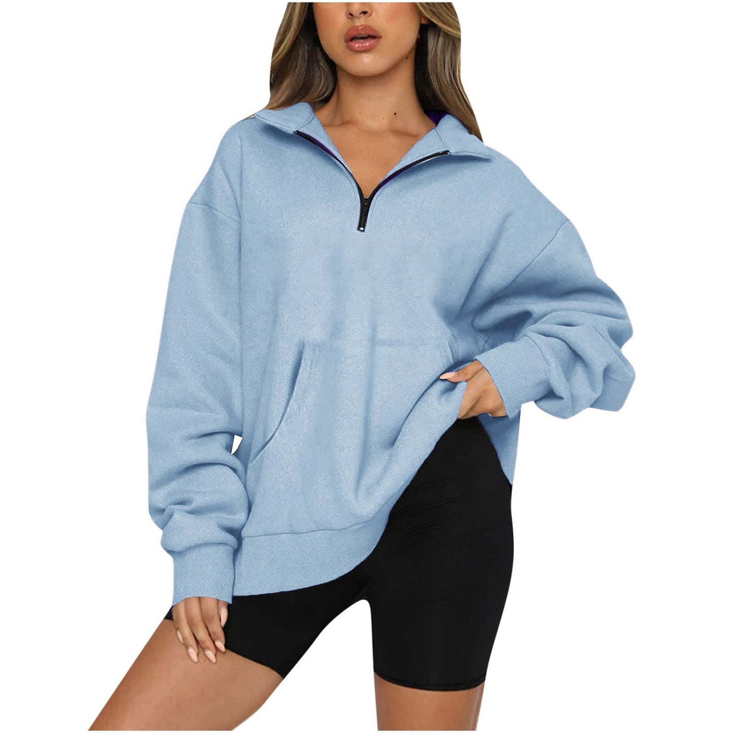 Women's New Pocket Top Half Zipper Pullover Long Sleeve Sweatshirt Sweater