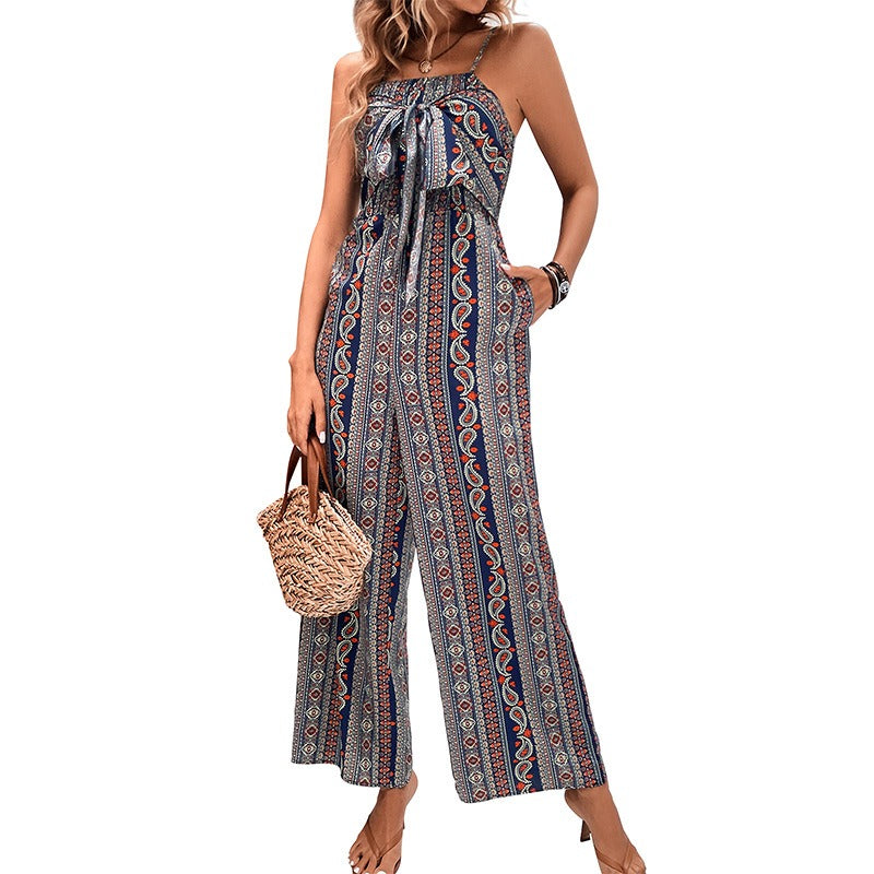 Summer New Fashion Women Wrap Around Python Print Suspenders Wide Leg Jumpsuit