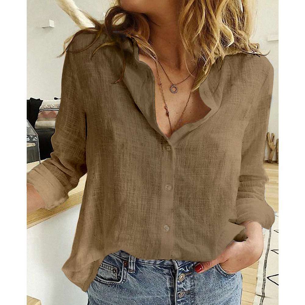 Solid Color Casual Loose Long Sleeve Linen Shirt