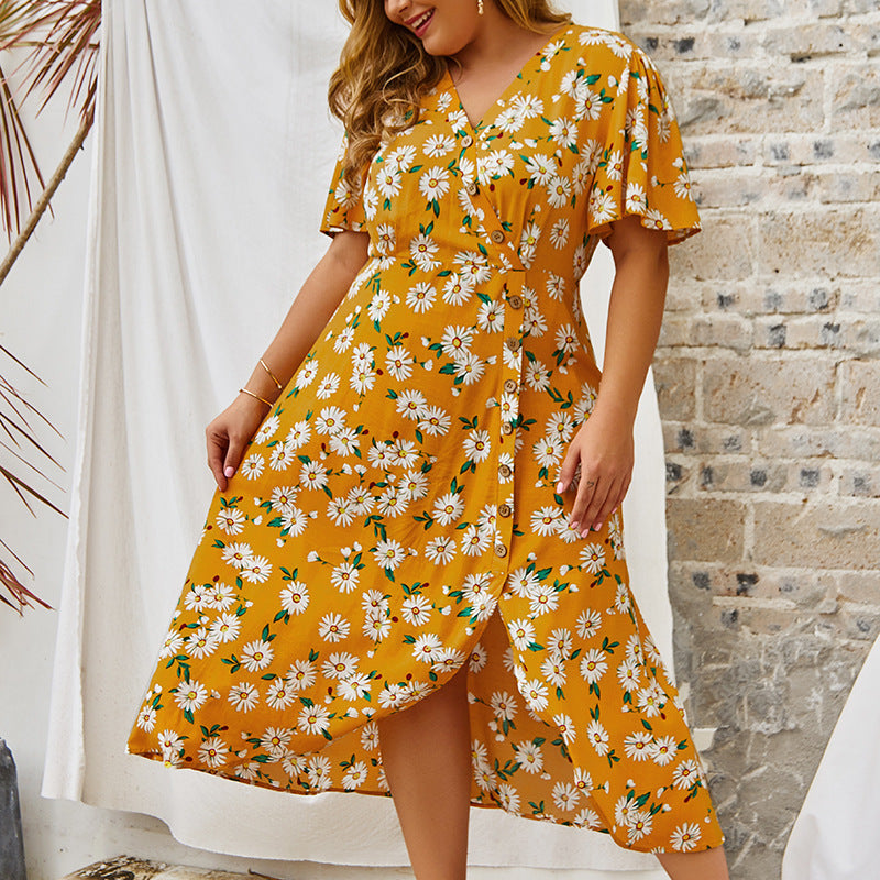 Plus Size Dress Vintage Women Flower Print Dresses