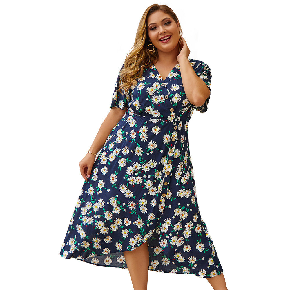 Plus Size Dress Vintage Women Flower Print Dresses