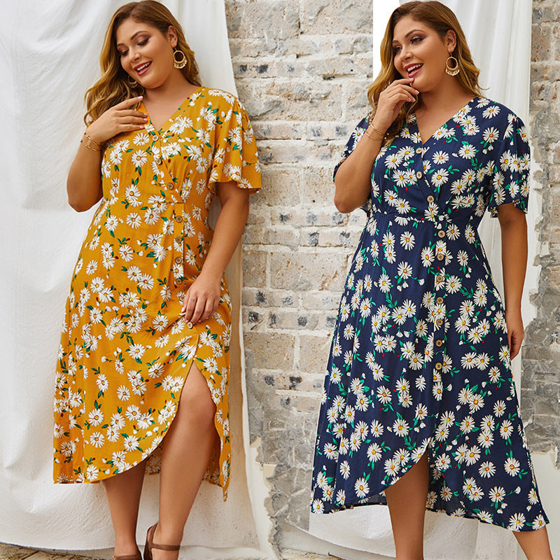 Plus Size Dress Vintage Women Flower Print Dresses