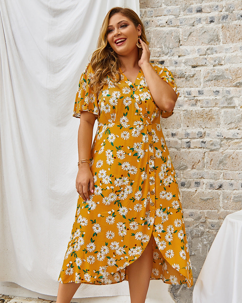 Plus Size Dress Vintage Women Flower Print Dresses