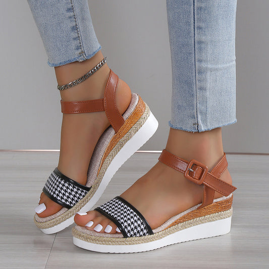 Houndstooth Print Sandalen Damen Sommer Schnalle Kleid Schuhe