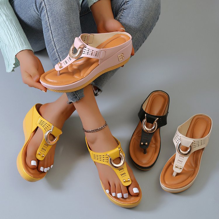 Thong Sandals Women High Heel Wedges Shoes Flip Flops Metal Decorative Slides Slippers