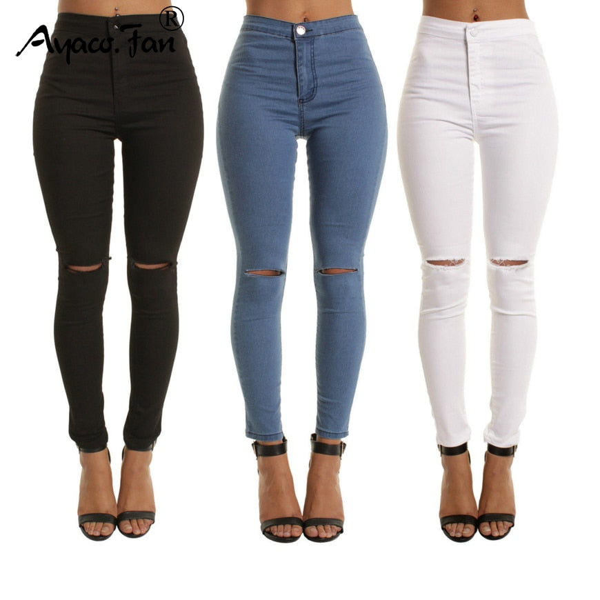 Autumn White Hole Skinny Ripped Jeans Women Jeggings Cool Denim High Waist Pants Capris Female Skinny Black Casual Jeans