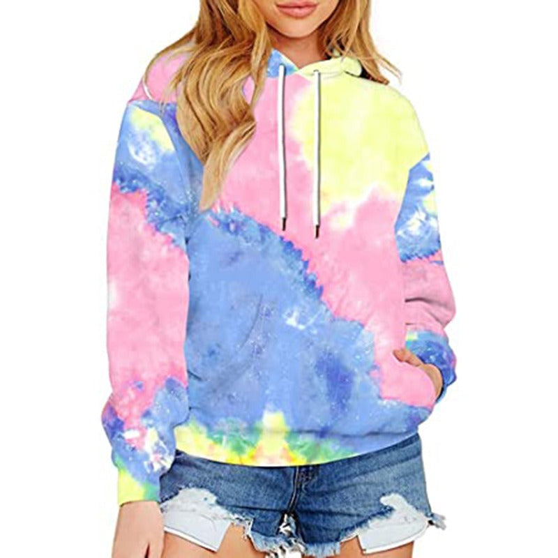 Spring, Autumn and Winter New Women's Top Tie Dyed Hooded Long Sleeve Pocket Guards