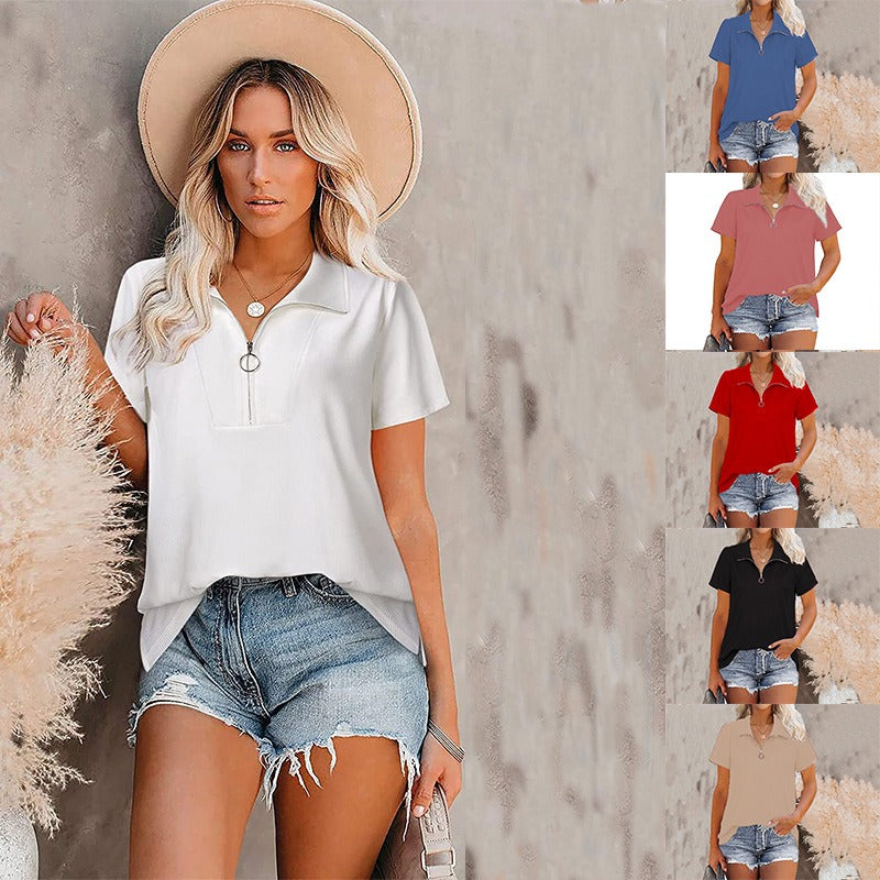 Spring And Summer New Women's Thread Zipper Loose Solid Color Shirt