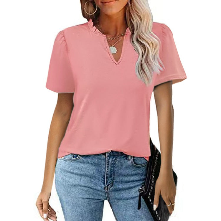 New Women's Wooden Ear Edge V-Neck Pleated Casual Short Sleeve T-Shirt