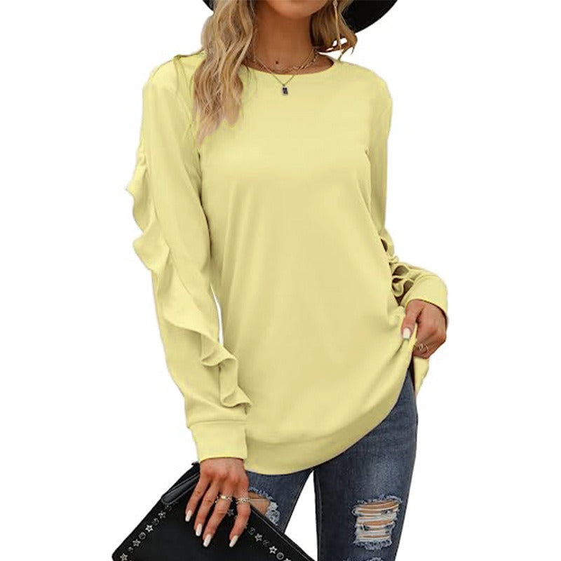 Autumn And Winter New Style Women's Casual Round Neck Sweater Pleated Long Sleeve Blouse