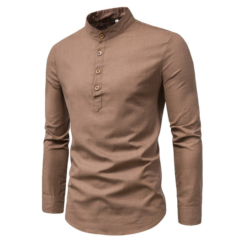 Men's Fashion Slim Solid Color Long Sleeve Business Stand Collar Cotton Linen Half Open Men's Shirt