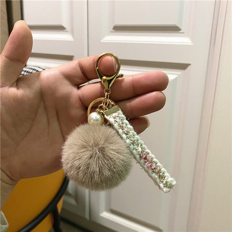 Creative Small Fragrance Key Chain Plush Bag Ribbon Pendant Car Key Chain Pearl Ornament Accessories Small Gift