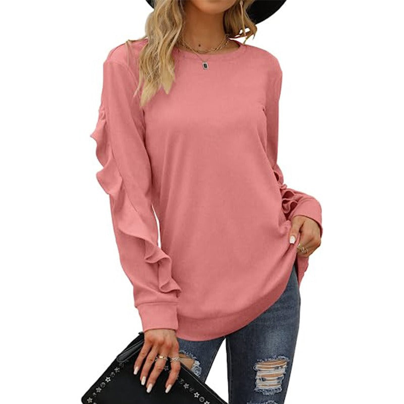 Autumn And Winter New Style Women's Casual Round Neck Sweater Pleated Long Sleeve Blouse