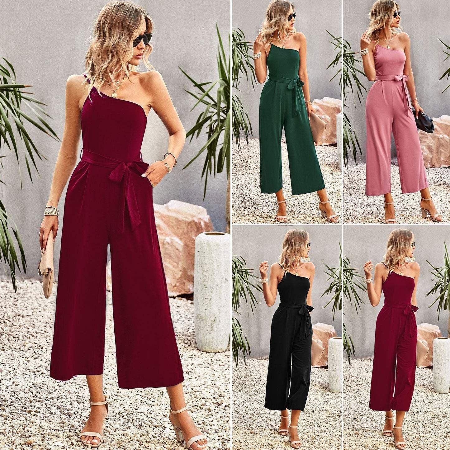 Off-shoulder strapping jumpsuit women's spring and summer temperament commuting solid color straight pants