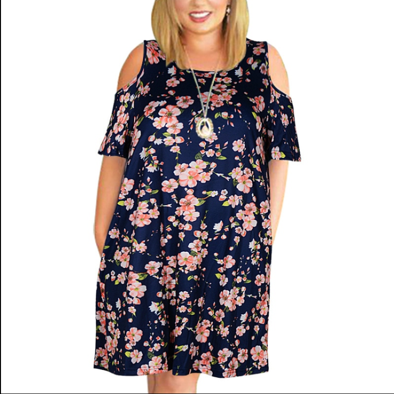 Printed Plus Size Dress Loose Round Neck Strapless Women's Clothing