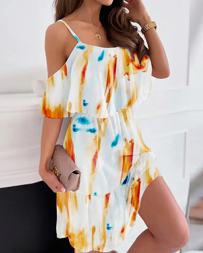 Flower Printed Dress Summer V-neck Stitching Off-the-shoulder Strap Dress