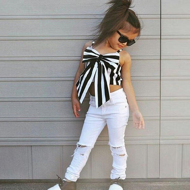 Set Tops and Pants 2 Pieces Summer Stripes Ribbon Short Sling Fashion Hole Pants European Style Children's Suits