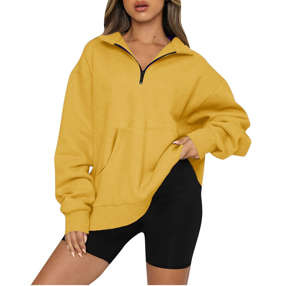 Women's New Pocket Top Half Zipper Pullover Long Sleeve Sweatshirt Sweater