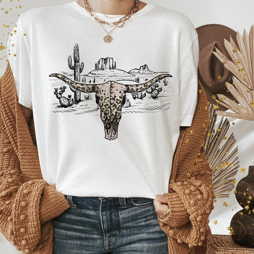 Western Shirts Boho Cow Skull Shirt with Leopard Print Short