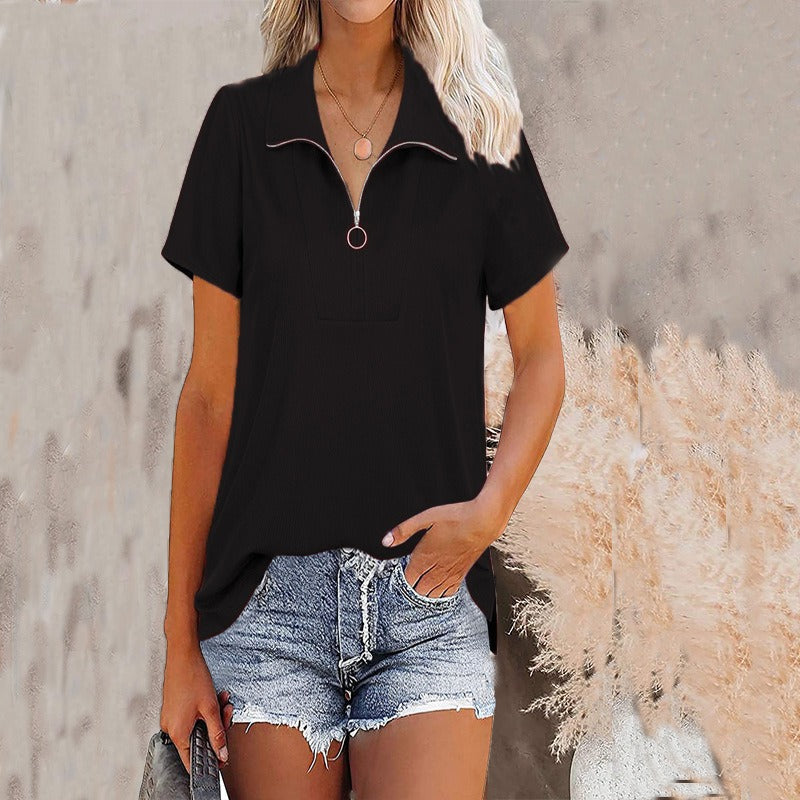 Spring And Summer New Women's Thread Zipper Loose Solid Color Shirt