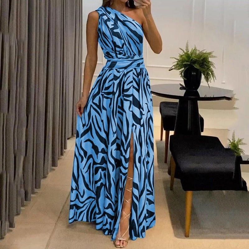 Summer New Women's Sexy Leaky Back One Shoulder Sleeveless Print Long Dress