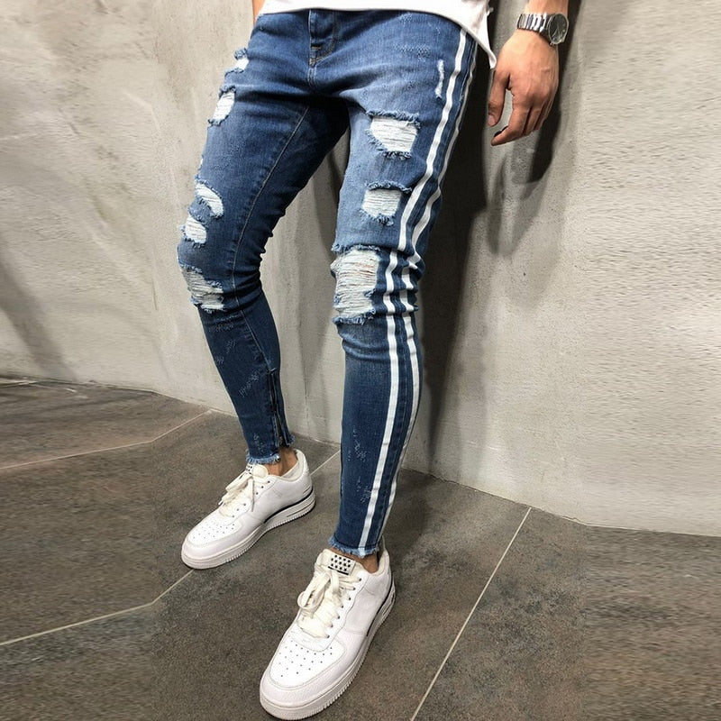 Ripped Side Striped Jeans Fashion Streetwear Herren Skinny Stretch Jeans Hose Slim Casual Denim Jeans Jeans Hombre