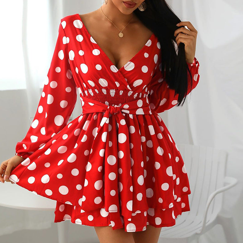 Popular New Waist V-Neck Polka Dot Polka Dot Mini Dress