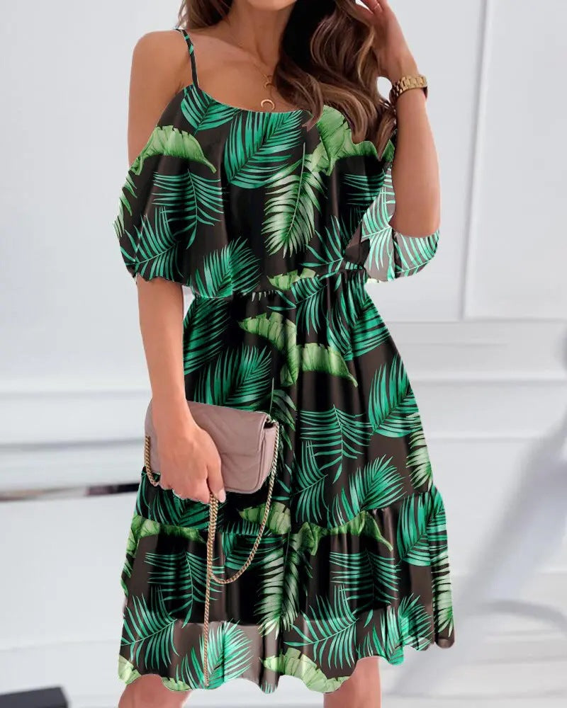 Flower Printed Dress Summer V-neck Stitching Off-the-shoulder Strap Dress