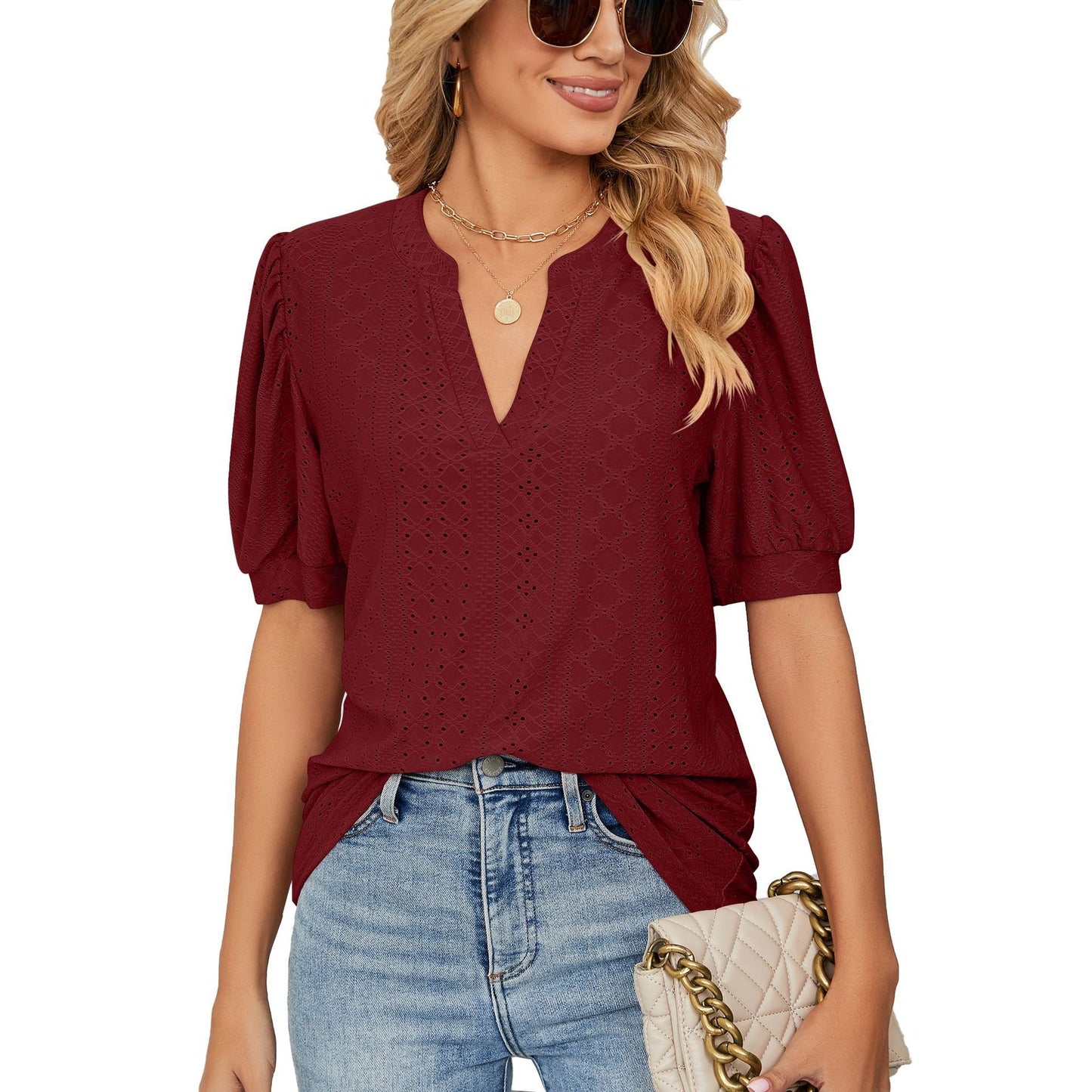 Summer Casual V Neck Solid Color Hollow Bubble Sleeve Loose T Shirt Top Female