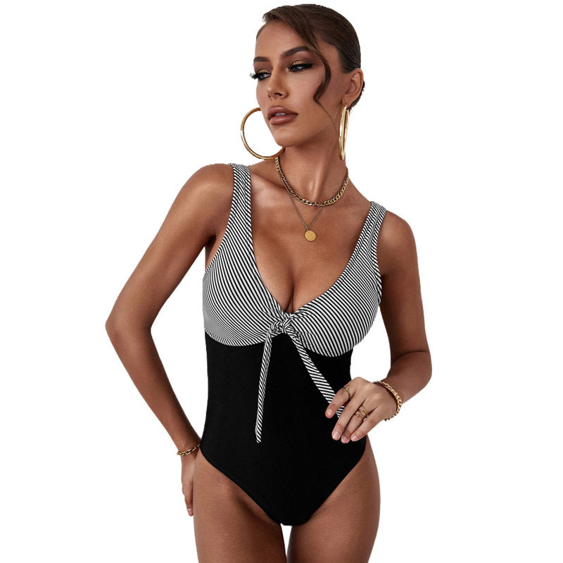 Summer new swimsuit women leopard print mesh stitching sexy V neck halterneck one piece swimsuit