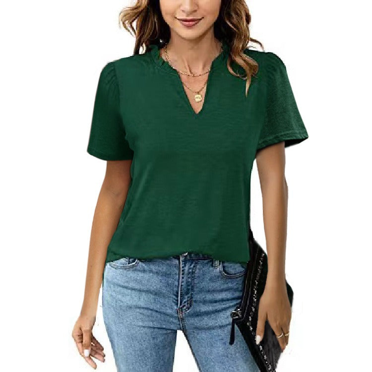 New Women's Wooden Ear Edge V-Neck Pleated Casual Short Sleeve T-Shirt