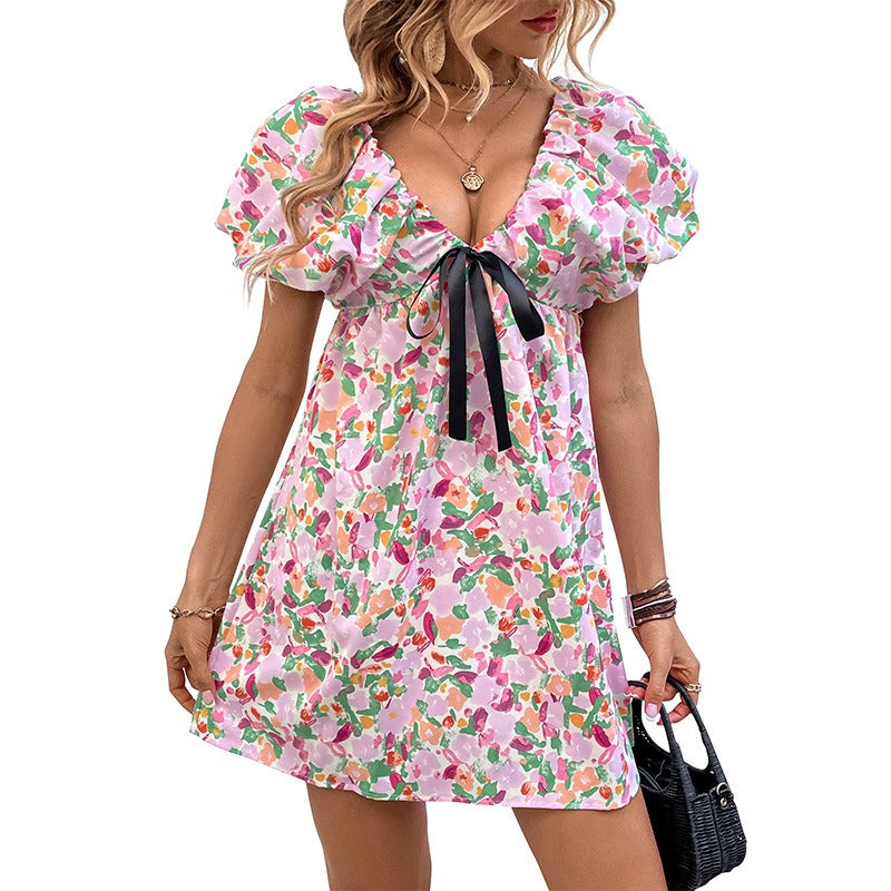 Summer New Women's Deep v-Neck Sexy Sweet Spicy Style Fairy Dress Printed Dresses