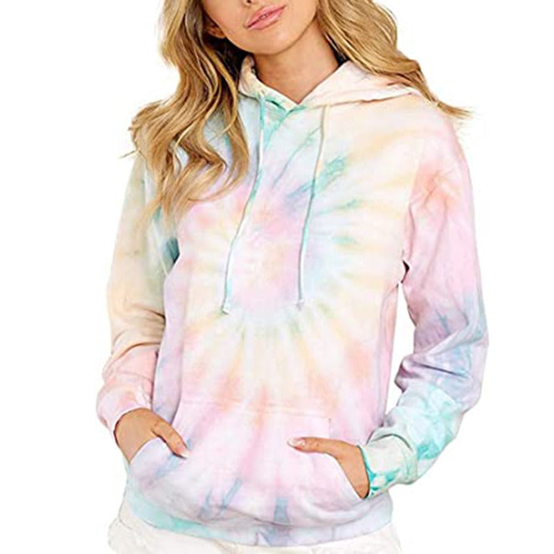 Spring, Autumn and Winter New Women's Top Tie Dyed Hooded Long Sleeve Pocket Guards