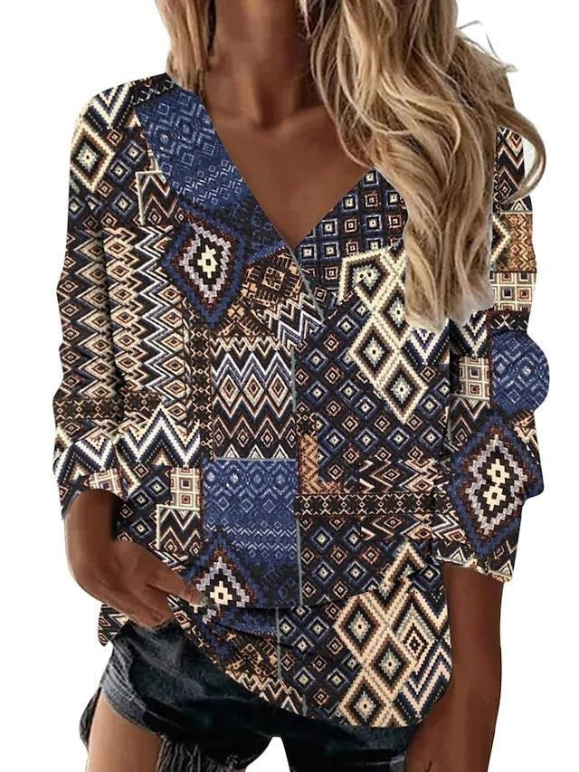 Women's Retro Geometric Printing Ethnic Style V Neck Long Sleeved Loose T Shirt Top For Women