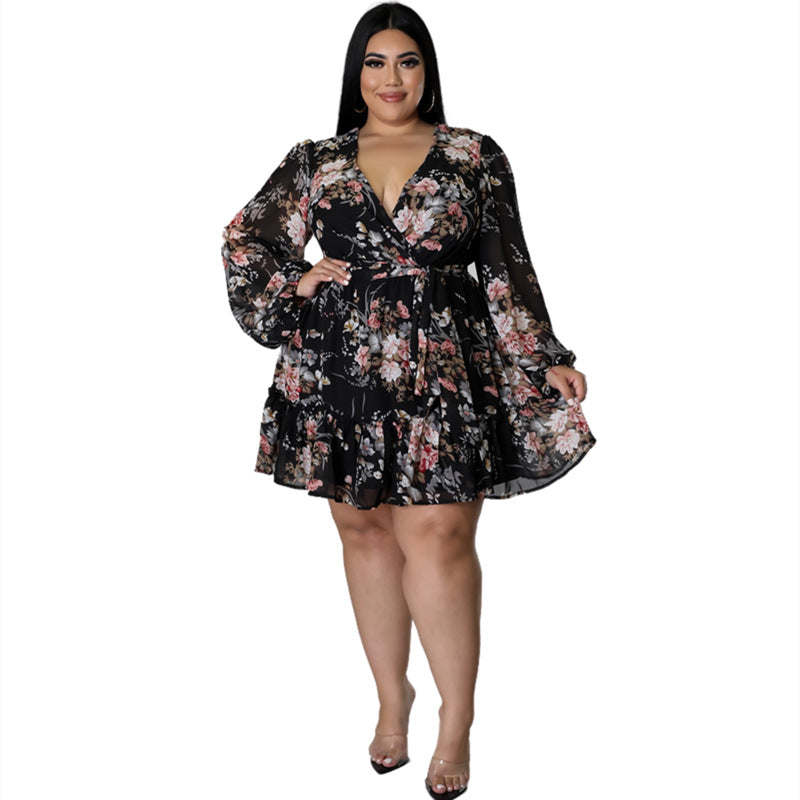 Plus Size Women Flower Print ChiffonV Neck Out Long Sleeve Dress