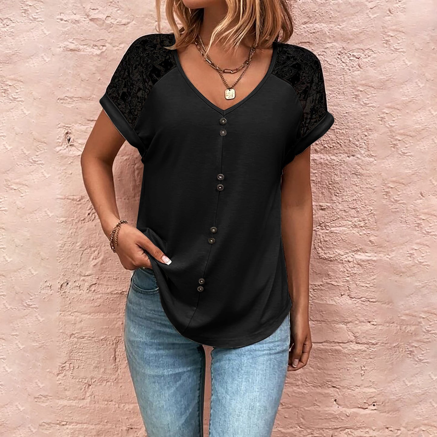 Women's T-Shirt Lace Stitching V-neck Top With Button Casual Summer Short Sleeve Pullover Shirt