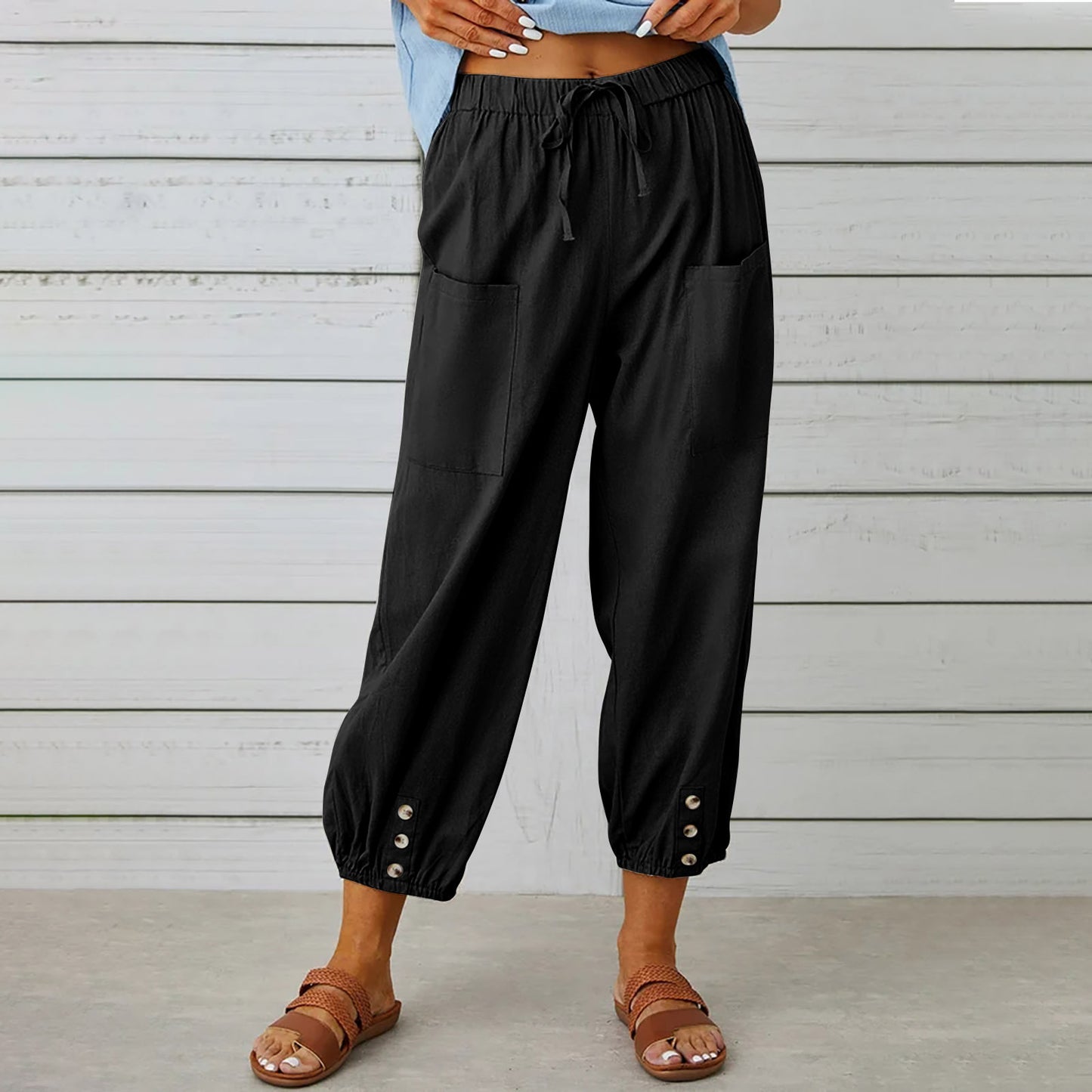 Women Drawstring Tie Pants Spring Summer Cotton And Linen Trousers With Pockets Button