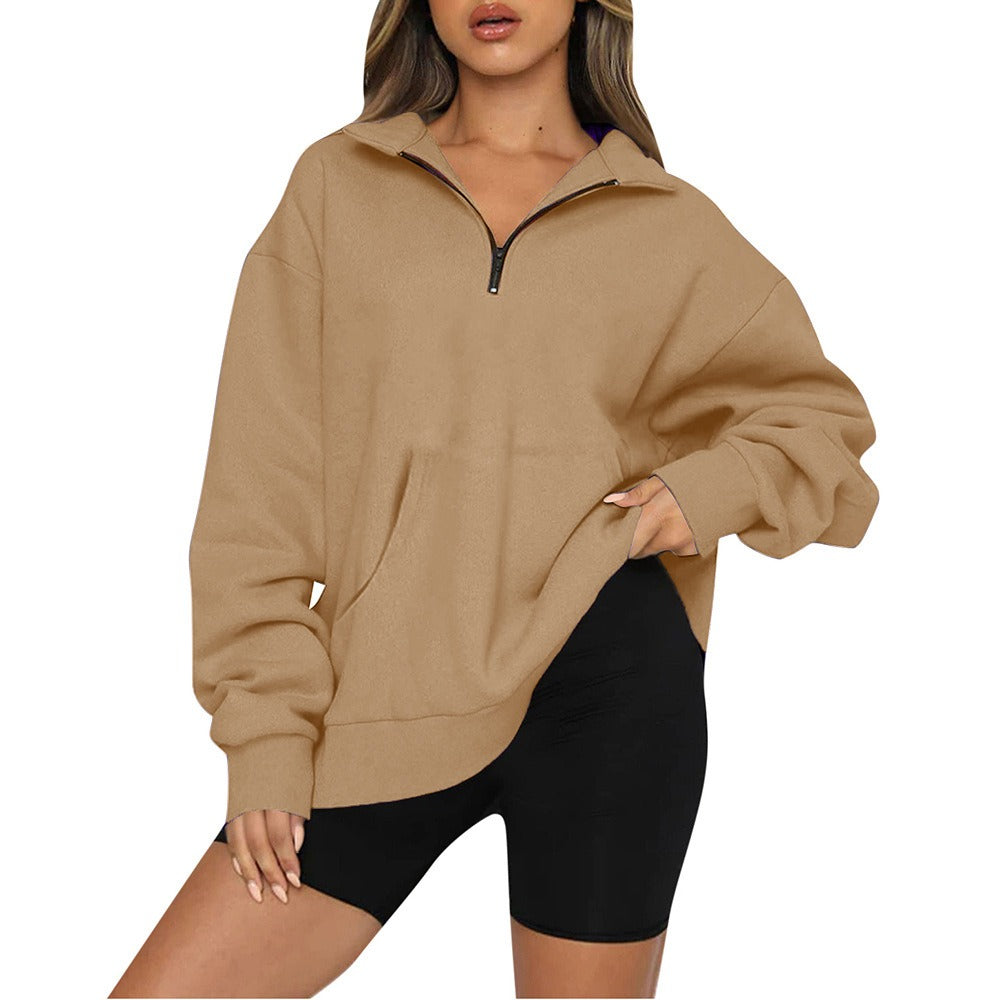 Women's New Pocket Top Half Zipper Pullover Long Sleeve Sweatshirt Sweater