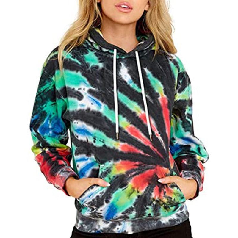 Spring, Autumn and Winter New Women's Top Tie Dyed Hooded Long Sleeve Pocket Guards